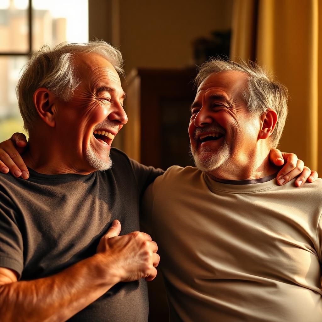 Elderly father laughing with his adult son in a warm living room
