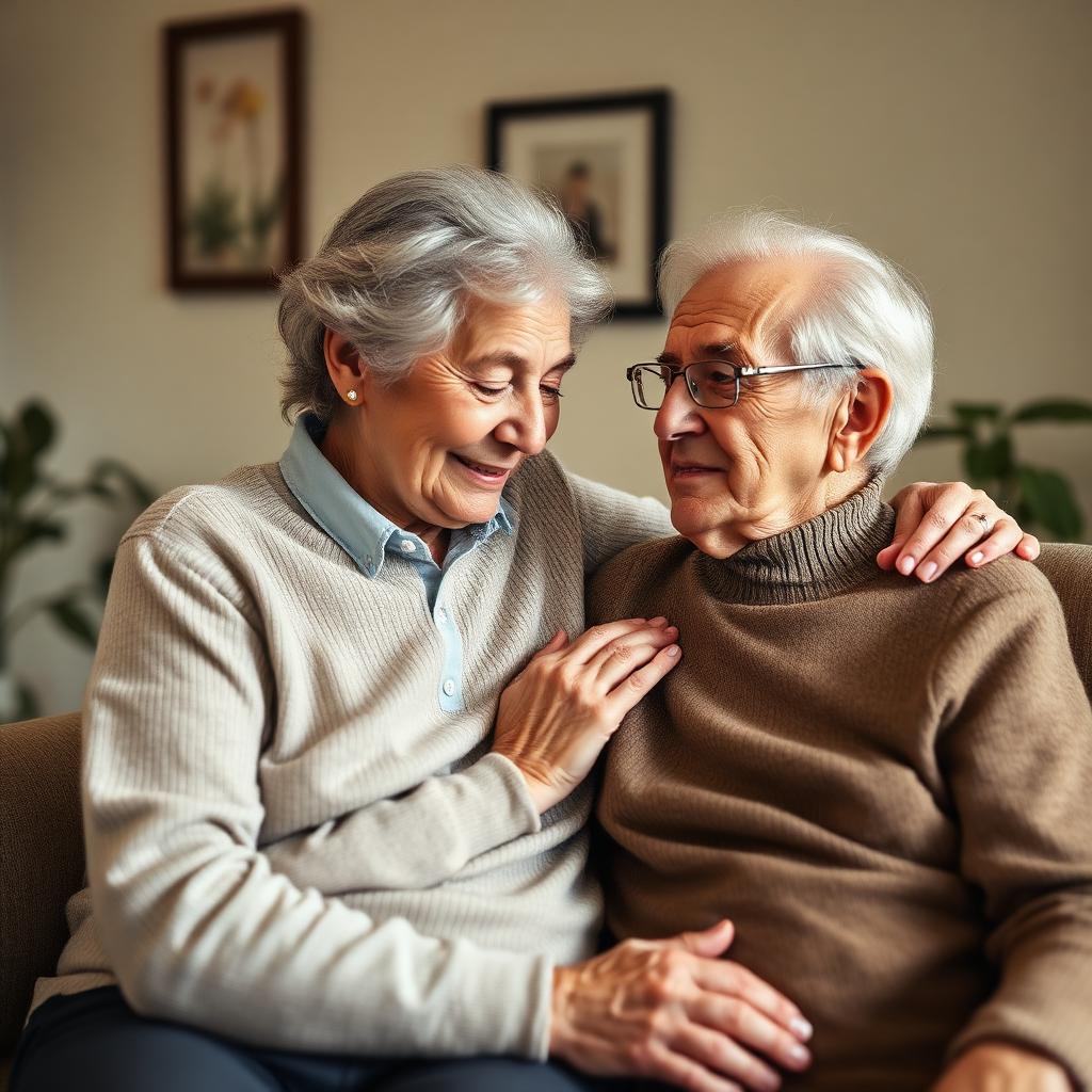 Elderly wife tenderly caring for her elderly husband