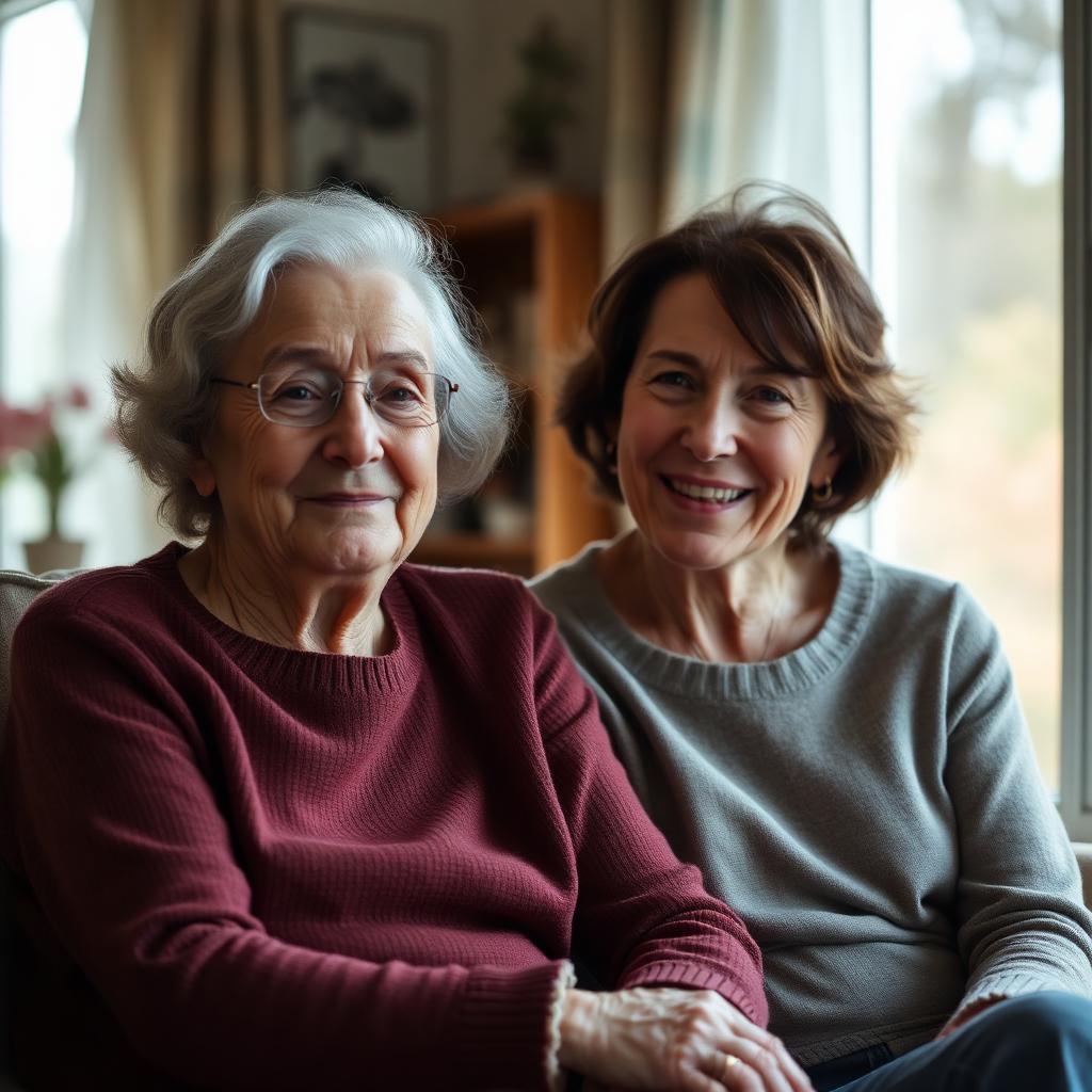 Elderly mother sitting with her adult daughter, both smiling warmly