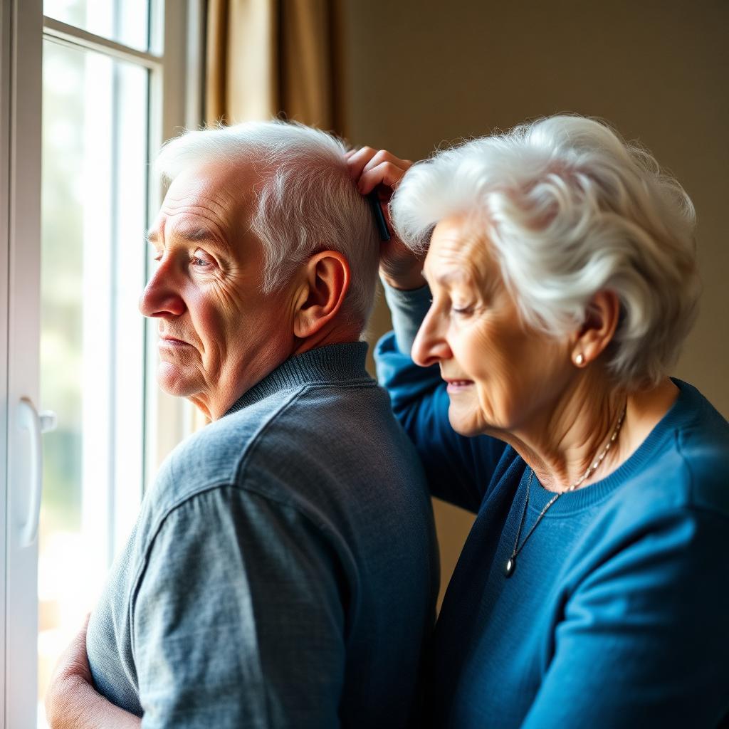 Elderly husband gently caring for his elderly wife